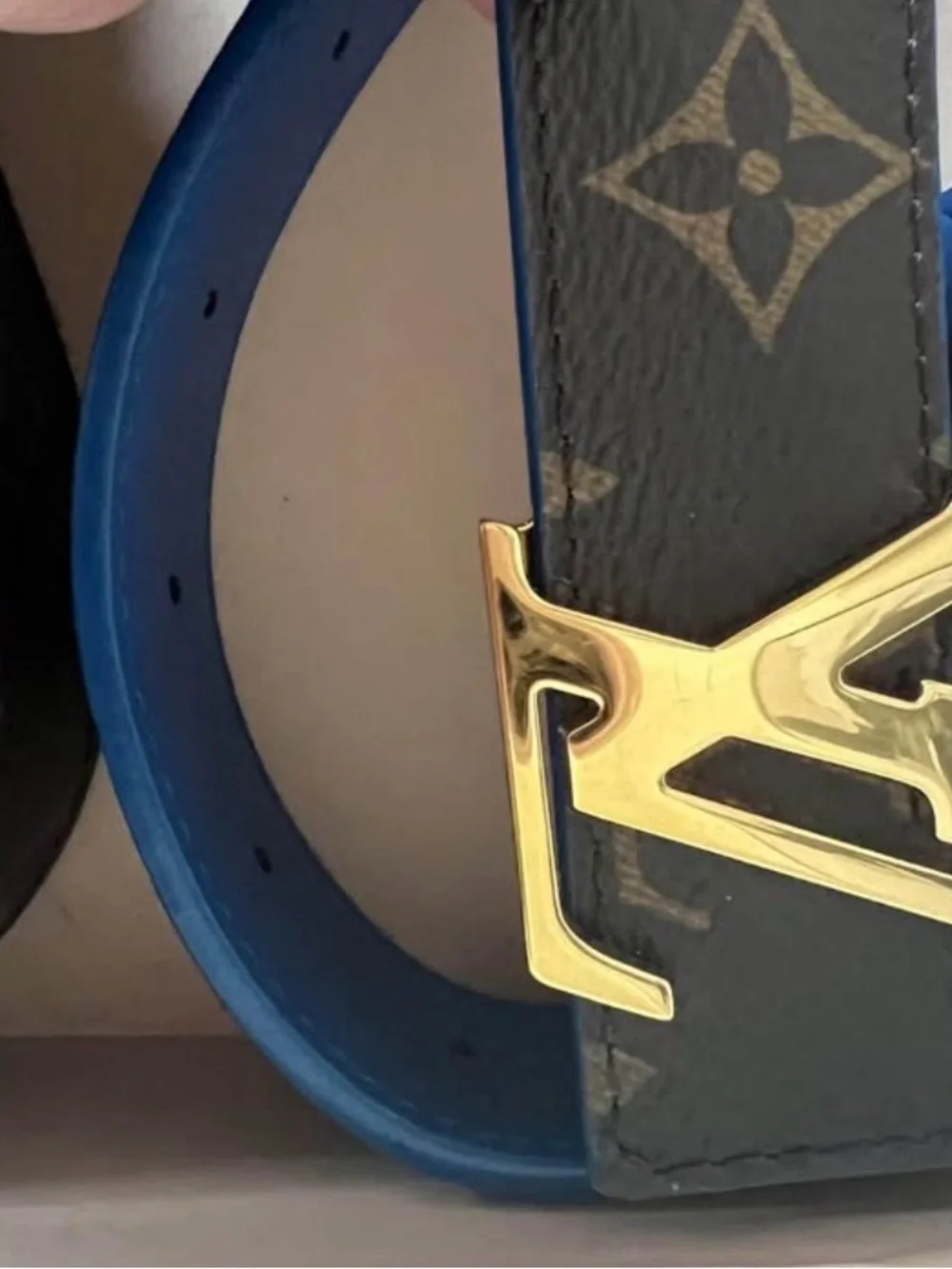 Louis Vuitton Brown Monogram & Blue Leather Reversible Belt with Gold LV Buckle